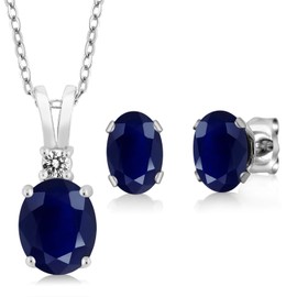 Gem Stone King 925 Sterling Silver Oval Blue Sapphire Pendant and Earrings Jewelry Set For Women (3.90 Cttw, with 18 Inch Chain)