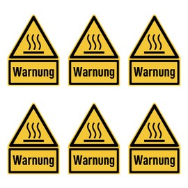 Sticker 75 x 50 mm, Pack of 6 – Signal Word Warning of Hot Surface – Warning Sign with Text (German) (Yellow/Black) – Dreick – W017 – DIN EN ISO 7010 / ASR A1.3