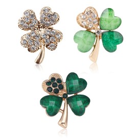 3 Pieces Four Leaf Clover Brooch Green Rhinestone Brooch Crystal Brooch for Women Girls, Stainless Steel
