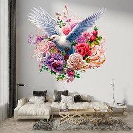 Doves Decals Peel & Stick - Wall Vinyl Stickers - White Birds Peace Love Floral Flower Fairy Tale Mystical Colorful Silhouette - Car Window Truck Laptop Tumbler - Girls Kids Room Bedroom DWSVG24477