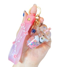 Rertnocnf Cute Kawaii Floating Cartoon Panda Milk Tea Cup Design Backpack Car Key Pendant Kids Girls Women Handbag Wallet Clear Acrylic Glitter Liquid Keychain