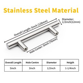 Goldmic 5 Pack 5" Cabinet Pulls Brushed Nickel Stainless Steel Cupboard Drawers Pulls Cabinet Handles, 3 Inch Hole Center, 5 Inch Length