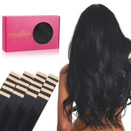 WENNALIFE Tape in Hair Extensions for Women, 20pcs 50g 22 inch Jet Black Tape in Hair Extensions Human Hair Rallonge Cheveux Humain Straight Invisible Hair Extensions Real Human Hair