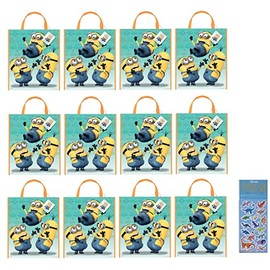 Unique Despicable Me Birthday Party Supplies Bundle includes 12 Plastic Favor Tote Bags and 8 Dinosaur Sticker Sheets