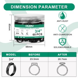 OURU 60pcs 3/4 Inch Black Pex Clamps Crimp Rings Set,304 Stainless Steel Single Ear Hose Clamps,Pex Fittings Cinch Pinch Clamps for Pex Pipe Tubing Fitting Connections(Black)