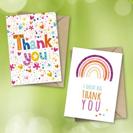 Thank You Cards Multipack of 32. Each Greeting Cards Pack includes 8 Colourful designs. 105 x 148mm. Blank Inside. Envelopes included. Made in UK.
