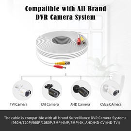 Omilik 1 Pack 25ft White BNC Video Power Cable Security Camera Cable Wire Cord for CCTV DVR Surveillance System with Connectors (BNC Female and BNC to RCA) (White, 25FT)