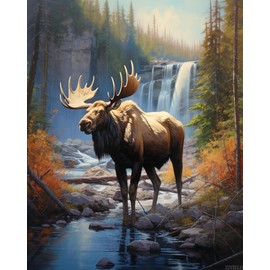 ZUVRDIAI Paint by Numbers, Mountain Waterfall Moose, Adult Crafts Adult Paint by Number Kits, Arts Crafts for Home Decor(No Frame, 16x20 Inch)