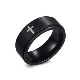8mm Titanium Steel Black Fidget Ring Engraved Small Cross Stainless Steel Spinner Rings Stress Relieving Anxiety Ring Engagement Wedding Promise Band for Women Men Boys Girls Size 7