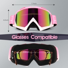 Jeemeele Motorcycle Goggles, Dirt Bike ATV Riding Off-Road Ski Goggles UV Anti-Fog Windproof Dustproof for Men & Women(Pink/Colorful Lens)
