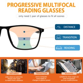 UXAOSVME Full Frame Photochromic Multifocus Reading Glasses Blue Light Blocking Transition Computer Readers Sunglasses (Black, 3.0, x)