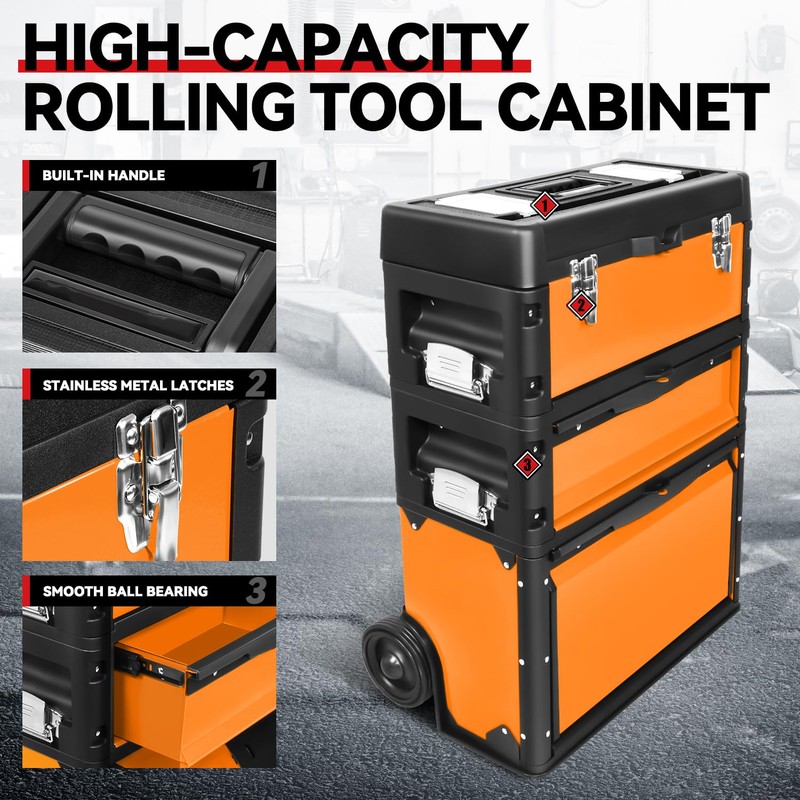 Auto Dynasty Stackable Tool Box 3-Tier Tool Separate Organizer Rolling