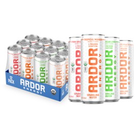 ARDOR ENERGY Sparkling Water with 100mg Natural Caffeine & 200mg L-Theanine from Organic Green Tea for Smooth Energy & Focus | Healthy Energy Drink | No Sugar, Zero Calories, Vegan, Gluten-Free | Tropical Variety (Pack of 12, 12oz cans)