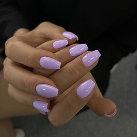 KQueenest Lilac Press on Nails Short Medium Coffin, Solid Color Fake Nails Press ons, Short Ballerina Glue on Nails Medium Length Glossy, Reusable Acrylic Nails False Nails For Women 24 Pcs