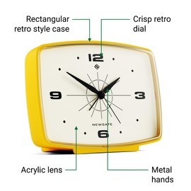 NEWGATE ® Brooklyn Alarm Clock | Rectangular Design | Lemon Yellow | Silent Clock Movement without Ticking | Ideal for Bedside, Desk or Shelf | Retro Accessory for Bedroom and Office