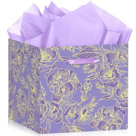 Large Square Purple Floral Gift Bag 11.8" Extra Large Square Gift Bag with Tissue Paper Purple Rose Flower Wrapping Paper for Celebrating Weddings Birthdays Baby Showers Bridal Shower Anniversaries