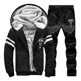 MANTORS Men's Winter Fleece Tracksuit 2 Pieces Full Zip Lightweight Hooded Jogging Sweatsuits D208 black S