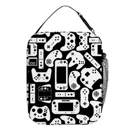 DOINBEE Boys Video Game Lunch Bag for School, Funny Gaming Gamer Game Gamepad Lunch Box, Reusable Black and White Insulated Cooler Lunchbox, Portable Tote Food Meal Bag for Boys Kids Men
