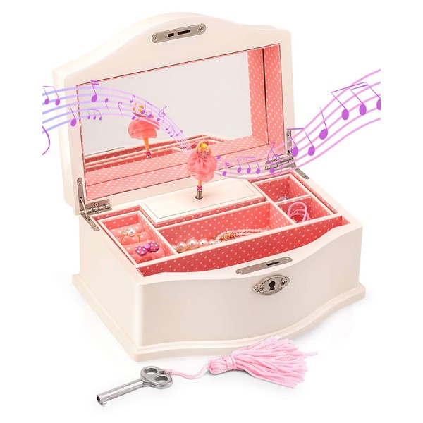 Elle Jewelry Box - Ballerina Jewelry Organizer and Swan Lake Wind-Up Music Box for Girls and Teens, Accessories and Keepsake Wooden Storage with Lock and Mirror, Charming Room Decor and Gift, Large