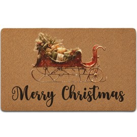 Rustic Sleigh Doormat, Merry Christmas Welcome Mat Artificial Coir Non Slip