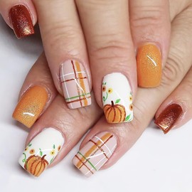 24Pcs Autumn Pumpkin Press on Nails Short Square Fake Nails with Glitter Designs Reusable Thanksgiving Acrylic Nails Fall Checkered Pattern False Nails Pumpkins Stick on Nails for Women Girl DIY Nails
