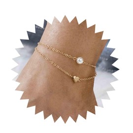 Inilbran Boho Heart Ankle Bracelet Gold Layered Pearl Anklet Bracelet Love Heart Chain Anklet White Pearl Heart Anklet Anklet Jewellery for Women and Girls, Metal