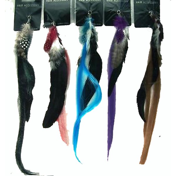 6 Pieces Bulk LOT Real Feather Novelty Hair Extensions - Style A - Colored Feathers Strands to Clip in Hair