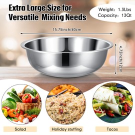 Nuogo 4 Pcs Stainless Steel Mixing Bowls Metal Mixing Bowls Extra Large Bowl Salad Bowl Basin Deeper Edge Dishwasher Safe Mirror Finish for Home and Commercial, Silver (16 Inch 13 Qt)