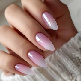 Ombre French False Nails Medium Almond, SXVME French Press on Nails Medium, Gradient Pink Full Cover Fake Nails Almond, Elegant Ombre Pink Acrylic Stick on Nails for Women Daily Wear