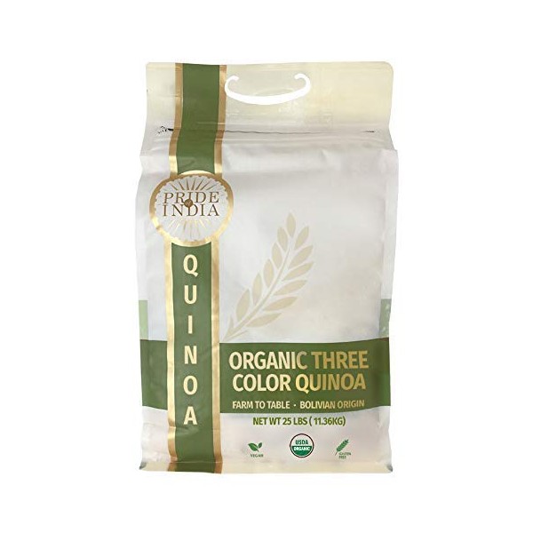 Organic Royal Bolivian Tricolor Quinoa - 25 Pound Bulk Bags - White Red Black Quinoa Blend (1:3 Each) | Bold Prewashed Whole Grains Protein Fiber Rich - Superb Value 250+ Servings by Pride Of India