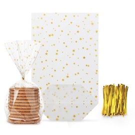 100pcs Christmas Cellophane Bags Stars Gold Clear 14.5x23.5cm Food Gift Plastic Candy OPP Bags with 100Pcs Twist Ties for Snack Wrapping & Festival Gift Package