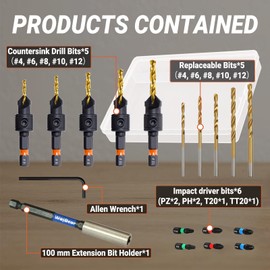 WojBear Countersink Drill Bit Set, 19 PCS Counter Sink Drill Bits for Woodworking, #4 6 8 10 12, Magnetic Extension bit Holder with 6 PCS Common Impact Bits