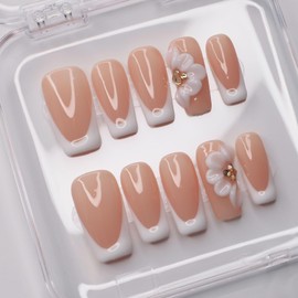 Luxury Press on Nails Medium Square Handmade 3D Unique Reusable ABS Material Fake Nails White French Tip False Nails with Designs Floral Rhinestones Elegant Glossy Glue on Nail Thick Acrylic Nail(S)