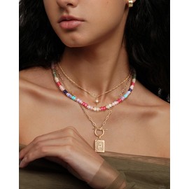 MJartoria Layered Initial Necklaces for Women Trendy, 14K Gold Plated Simple Star Choker Square Letter Pendant Necklace, Colorful Beaded Necklace, Gold Necklaces Jewelry Gifts (M, Gold Plated)