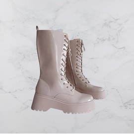 Liliana Women's Knee High Platform Boots Buckle Lace Up Combat Booties, Side Zip-up Mid-Calf Boots Monique-1 boots Pink-ish Cream 7