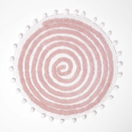 HOMESCAPES Cotton Blend Spiral Bath Mat Blush Pink Super Absorbent Tufted Round Bathmat with Pom Poms, 60 cm Round
