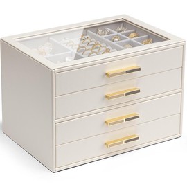 VLANDO 4 Layer Jewelry Box for Women, Glass Lid Jewelry Organizer with 4 Drawers for Necklaces Rings Earrings Bracelets, Christmas Gift for her - Color: Cream white