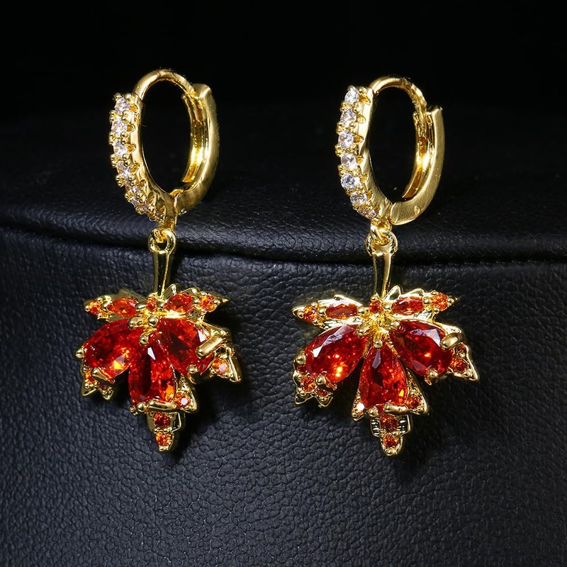 Fall Maple Leaf Earrings,Thanksgiving Fall Earrings Hoops Red Rhinestone Maple