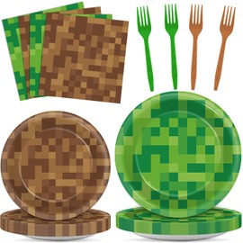 96Pcs Pixel Party Paper Plates and Napkins Video Game Party Decorations Mining Pixel Dessert Plates Mining Gaming Disposable Tableware Set Serves 24 Guests Boys Girls Kids Teenagers Birthday Supplies