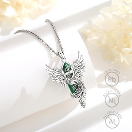 Vito Malachite Phoenix Necklace for Women Men, Silver Plated Copper Phoenix Pendant Hexagonal Prism Malachite Crystal Protection Energy Amulet Jewelry Gift for Mom Wife, 20+2", Silver plated Copper,
