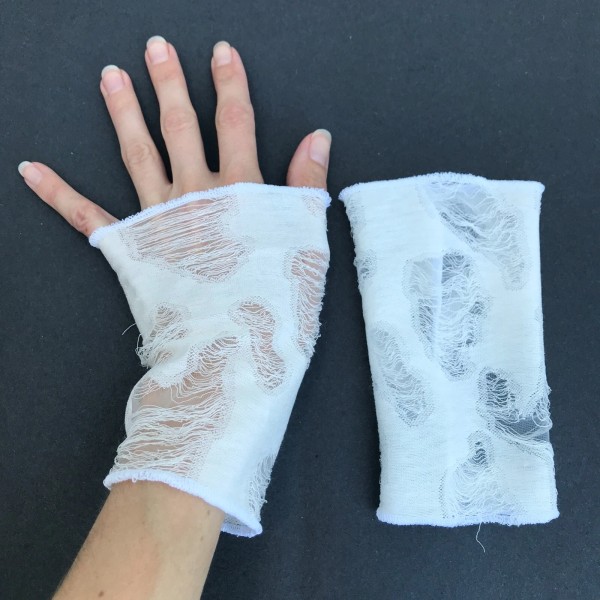 Handmade White Mummy Gloves Ripped Arm Cuffs Sheer Gauze Arm