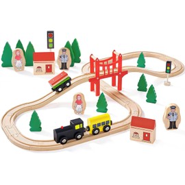 HYPERLIVING 39-Piece Wooden Train Set for Toddlers, Wooden Railway for Kids, Combineable Train Toy, Wooden Train Toy for Children Ages 3–7, Compatible with Thomas The Train, Brio, Melissa & Doug
