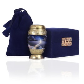 Small Heaven Memorial Lovely Keepsake Urn Qnty 1 - Keepsake Urn for Human Ashes with 1 Velvet Box Bag - Mini Memorial Affordable Keepsake Urn Gloden Blue 3.5" H X 2" W X 2" L