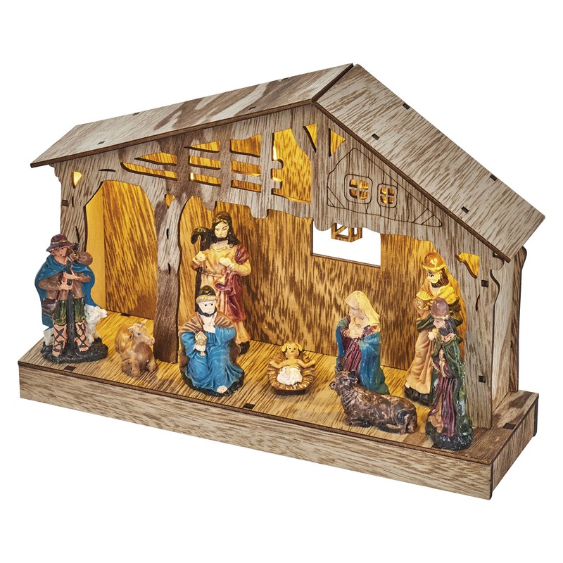 EMOS Weihnachtskrippe mit handbemalten Figuren, Weihnachtsdekoration mit 5 LEDs, warmweißes