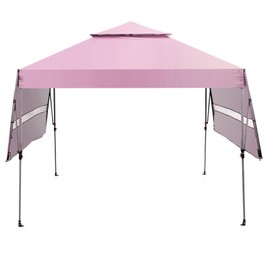 Tangkula 10x17.6 Ft Pop Up Canopy with Adjustable Dual Awnings, 2 Tier Outdoor Canopy Tent with 8 Stakes, 4 Ropes, 4 Sand Bags, Wheeled Bag, Easy Setup Instant Tent for Patio, Market, Picnic (Pink)