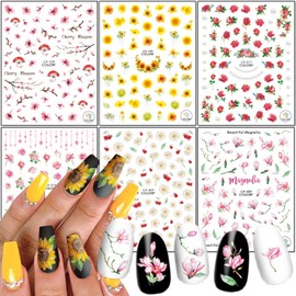 Flowers Nail Art Stickers, Spring Floral Nail Art Decals 3D Self-Adhesive Nail Sticker Design Holographic Rose Daisy Sunflower Cherry Blossoms Magnolia Nail Decal for Women Girls Manicure Decoration