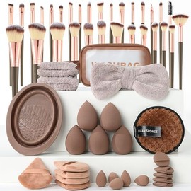 Juego De Brochas De Maquillaje Para Base, Corrector, Sombra De Ojos Y Viaje, Incluye Brocha De Maquillaje Y Esponja, 56 Piezas Marrones