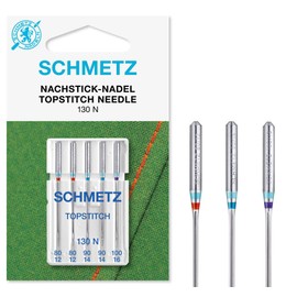 SCHMETZ Domestic Sewing Machine Needles | 5 Topstitch Needles | 130 N | Needle size 2x 80/12, 2x 90/14 und 1x 100/16| Can be used on all conventional household sewing machines and household embroidery machines