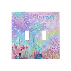 Silvery Glitter Cute Mermaid Tail Fantasy Castle Double Toggle Light Switch Covers 2 Gang Wall Plate Dual Decorative Switchplate Electrical Faceplate for Kidroom Nursery Bedroom Kitchen Decor