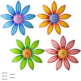 Metal Flower Decor, Gooyule 4 Pack Metal Flowers Wall Decor Colorful Flower Wall Art 6.5" Metal Floral Wall Decor Indoor Outdoor Hanging Wall Decor Metal Wall Decor Set for Home Office Garden Yard